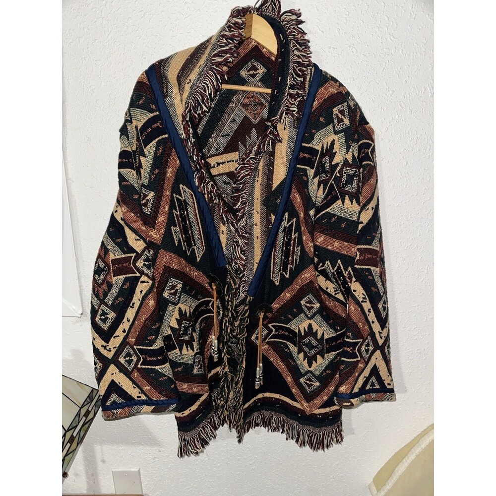 Vintage Handmade Navajo Inspired Tapestry Blanket Jacket Cardigan Boho Concho